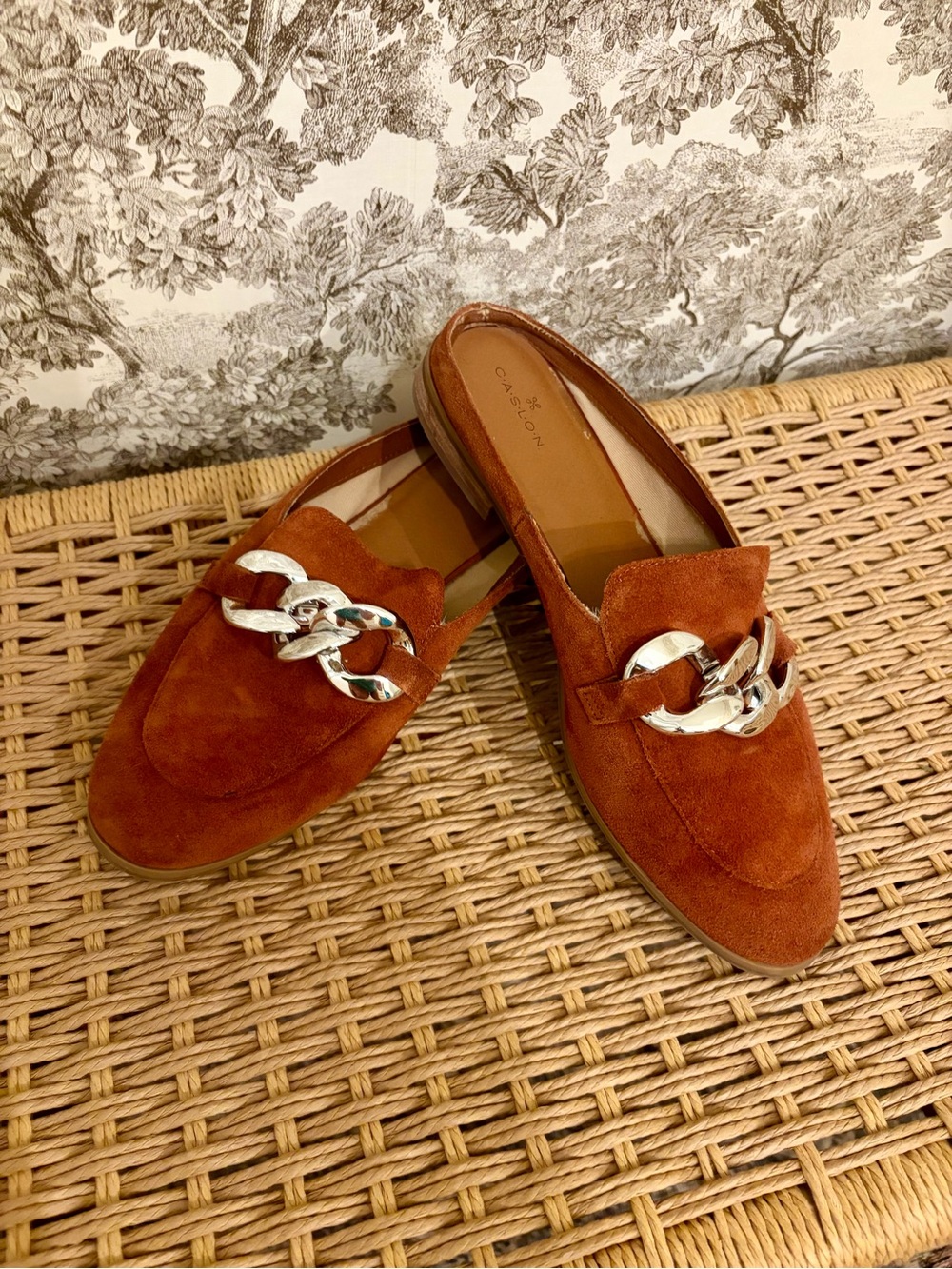Caslon Women's Suede Chain-Trim Backless Loafers in Rust